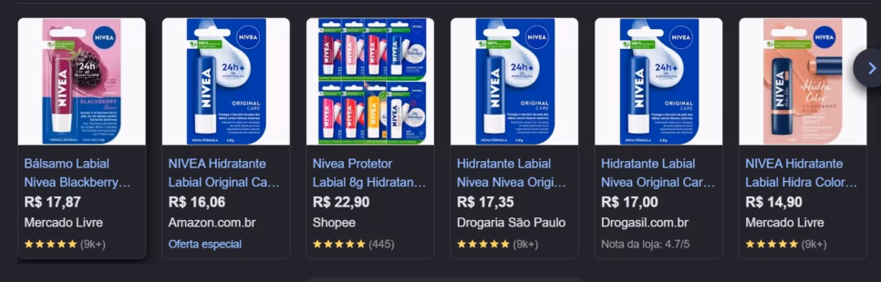 Média de valores do balm da Nivea (Foto Reprodução/Google Shopping)