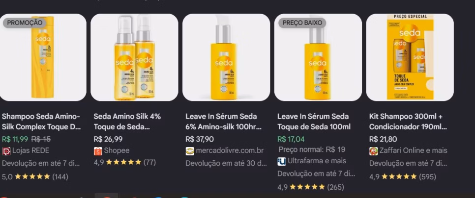 Média de valores de produtos da linha Seda Amino Silk (Foto Reprodução/Google Shopping) Média de valores de produtos da linha Seda Amino Silk (Foto Reprodução/Google Shopping)
