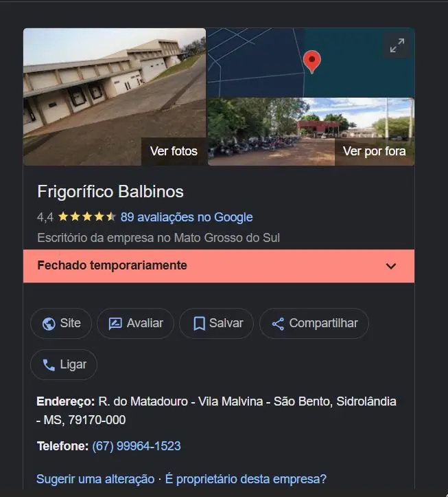 Frigorífico já consta como fechado temporariamente no Google (Foto Reprodução/Maps)