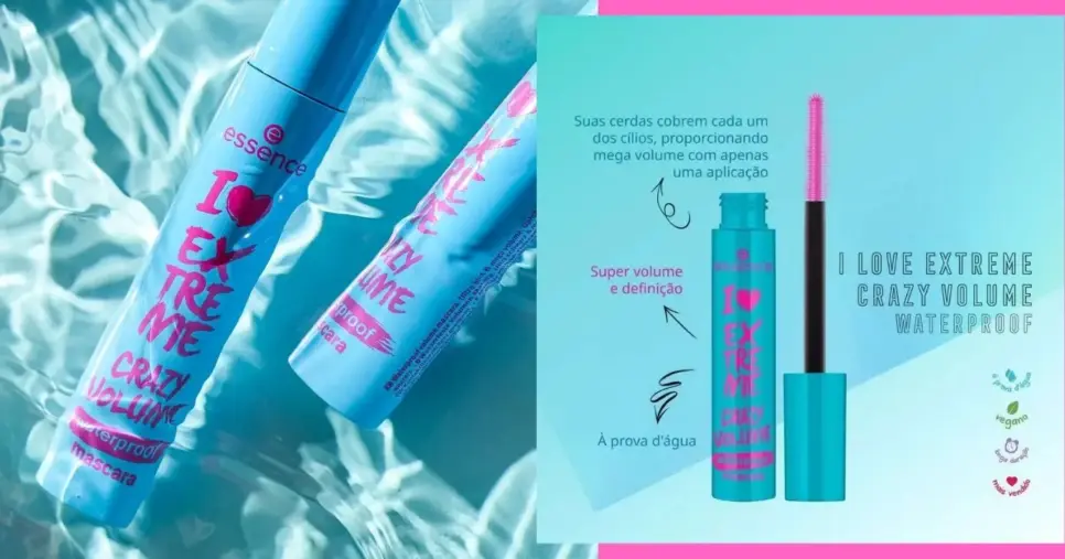 Essence I Love Extreme Crazy Volume Waterproof (Foto Reprodução/Montagem/Lennita/TV Foco/Canva/Beleza na Web) Essence I Love Extreme Crazy Volume Waterproof (Foto Reprodução/Montagem/Lennita/TV Foco/Canva/Beleza na Web)