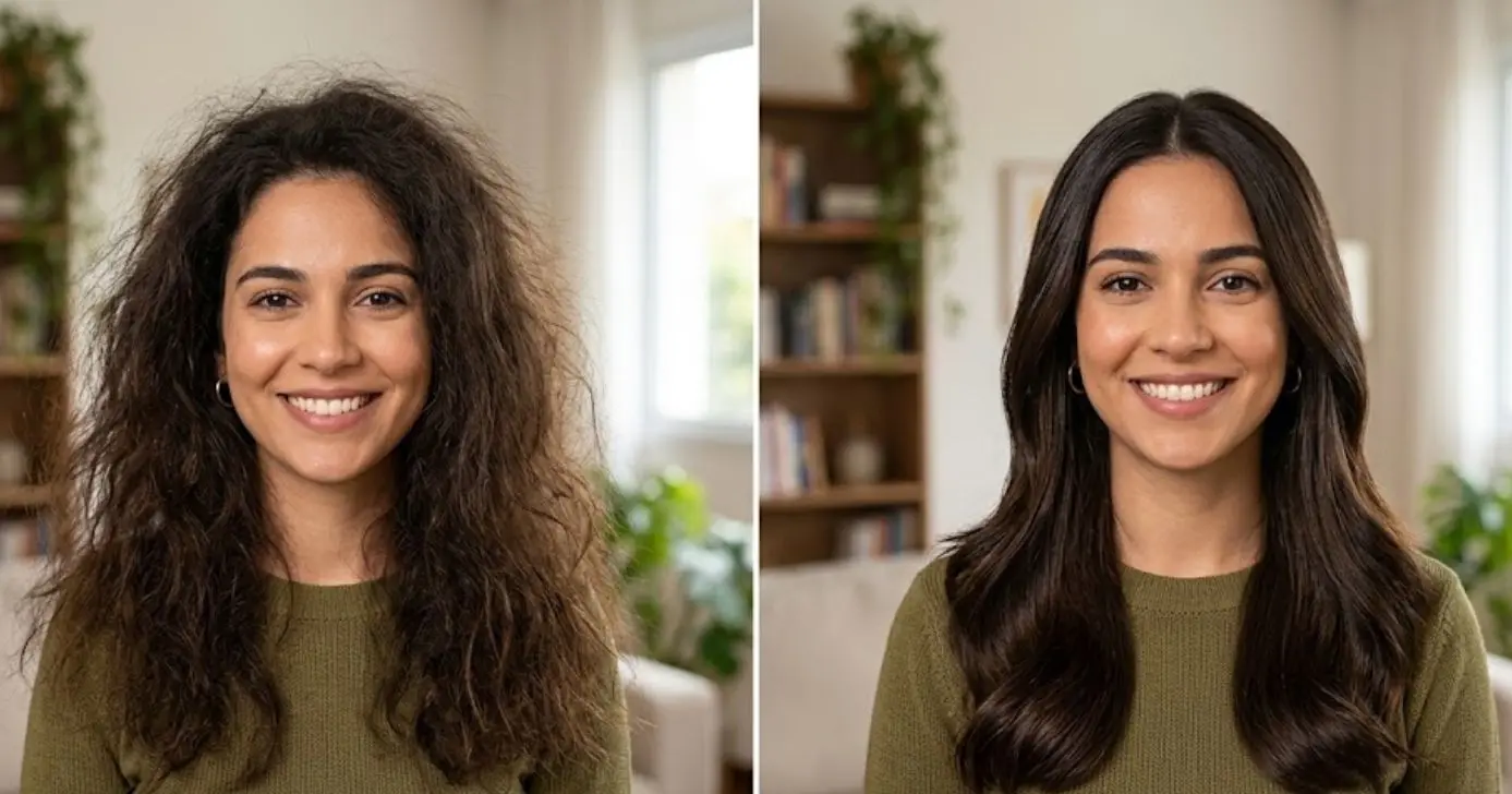 Ilustração antes e depois de cabelo com frizz (Foto: Montagem TV Foco / GMN)