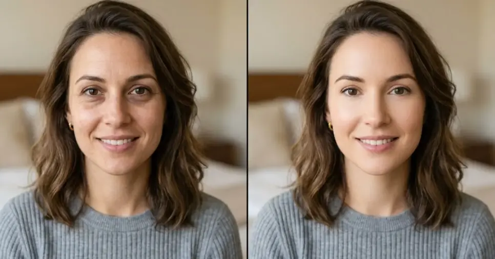 Ilustração antes e depois de mulher com olheiras (Foto: Montagem TV Foco / GMN) Ilustração antes e depois de mulher com olheiras (Foto: Montagem TV Foco / GMN)