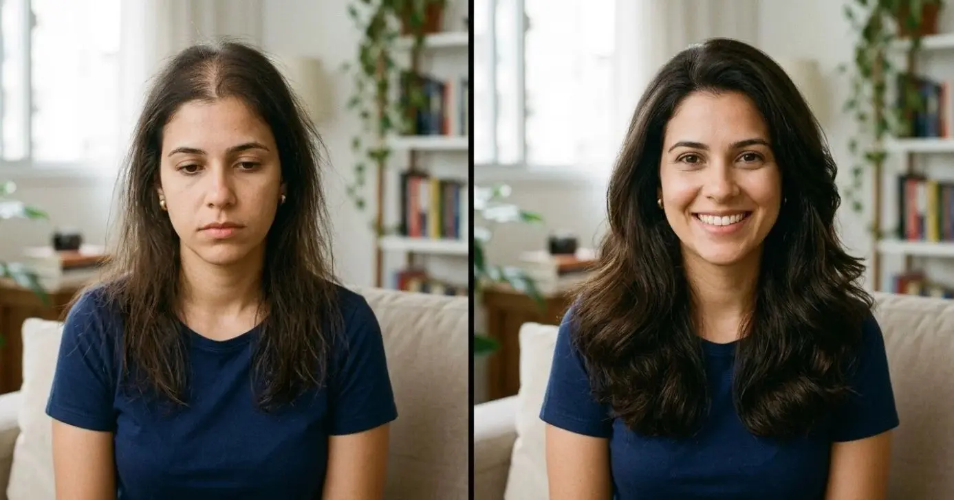 Ilustração antes e depois de queda de cabelo (Foto: Montagem TV Foco / GMN)