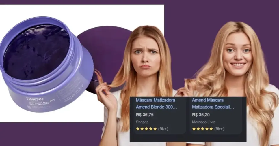 Máscara Matizadora Blond Revolution – Amend (Foto Reprodução/Montagem/Lennita/TV Foco/Canva/Ikesaki/Google Shopping) Máscara Matizadora Blond Revolution – Amend (Foto Reprodução/Montagem/Lennita/TV Foco/Canva/Ikesaki/Google Shopping)