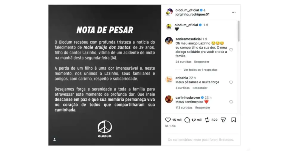 Nota de pesar do Olodum (Foto: Reprodução / Instagram)