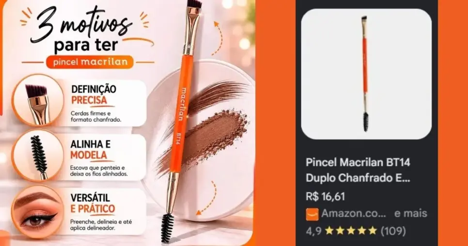 Pincel duplo chanfrado com escova Macrilan (Foto Reprodução/Lennita/Tv Foco/Canva/Amazon) Pincel duplo chanfrado com escova Macrilan (Foto Reprodução/Lennita/Tv Foco/Canva/Amazon)