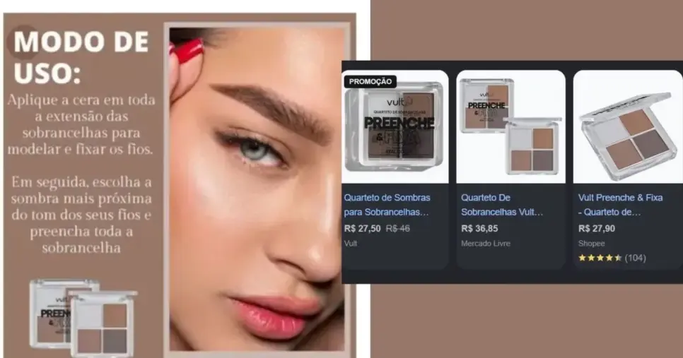 Quarteto de Sombras para Sobrancelhas Vult (Foto Reprodução/Lennita/Tv Foco/Canva/Google Shopping/Shopee) Quarteto de Sombras para Sobrancelhas Vult (Foto Reprodução/Lennita/Tv Foco/Canva/Google Shopping/Shopee)