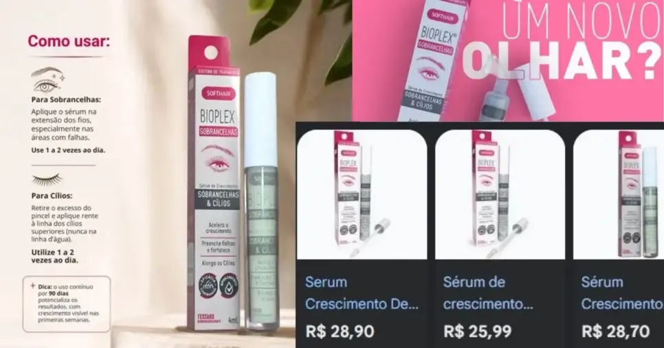 Sérum de crescimento de sobrancelha e cílios Bioplex Soft Hair (Foto Reprodução/Lennita/Tv Foco/Canva/Google Shopping/Shopee) Sérum de crescimento de sobrancelha e cílios Bioplex Soft Hair (Foto Reprodução/Lennita/Tv Foco/Canva/Google Shopping/Shopee)