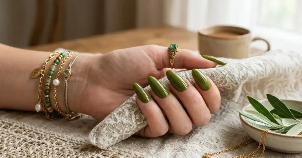 Unhas com esmalte verde oliva (Foto: Montagem TV Foco / GMN) Unhas com esmalte verde oliva (Foto: Montagem TV Foco / GMN)