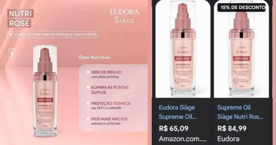 Supreme Oil Siàge Nutri Rosé, Eudora (Foto Reprodução/Montagem/TV Foco/Lennita/Google Shopping/site oficial) Supreme Oil Siàge Nutri Rosé, Eudora (Foto Reprodução/Montagem/TV Foco/Lennita/Google Shopping/site oficial)