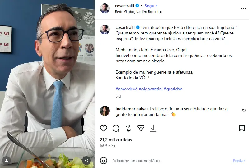 César Tralli em postagem no Instagram, revelando conversa com Helô Pinheiro (Foto: Reprodução / Internet) César Tralli em postagem no Instagram, revelando conversa com Helô Pinheiro (Foto: Reprodução / Internet)