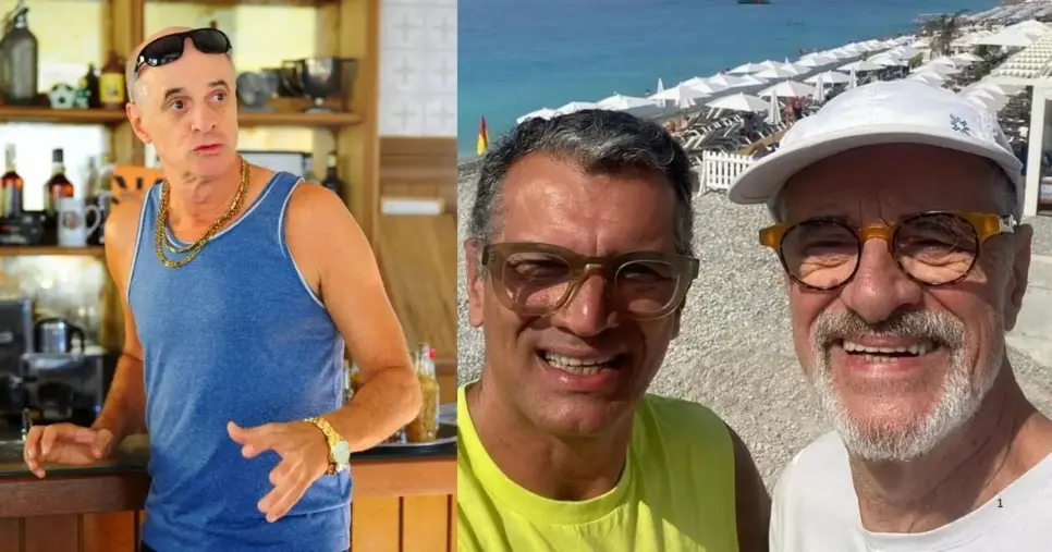Marcos Caruso como Leleco/Ao lado do marido na praia (Foto Reprodução/Montagem/Lennita/Globo/TV Foco/Instagram) Marcos Caruso como Leleco/Ao lado do marido na praia (Foto Reprodução/Montagem/Lennita/Globo/TV Foco/Instagram)