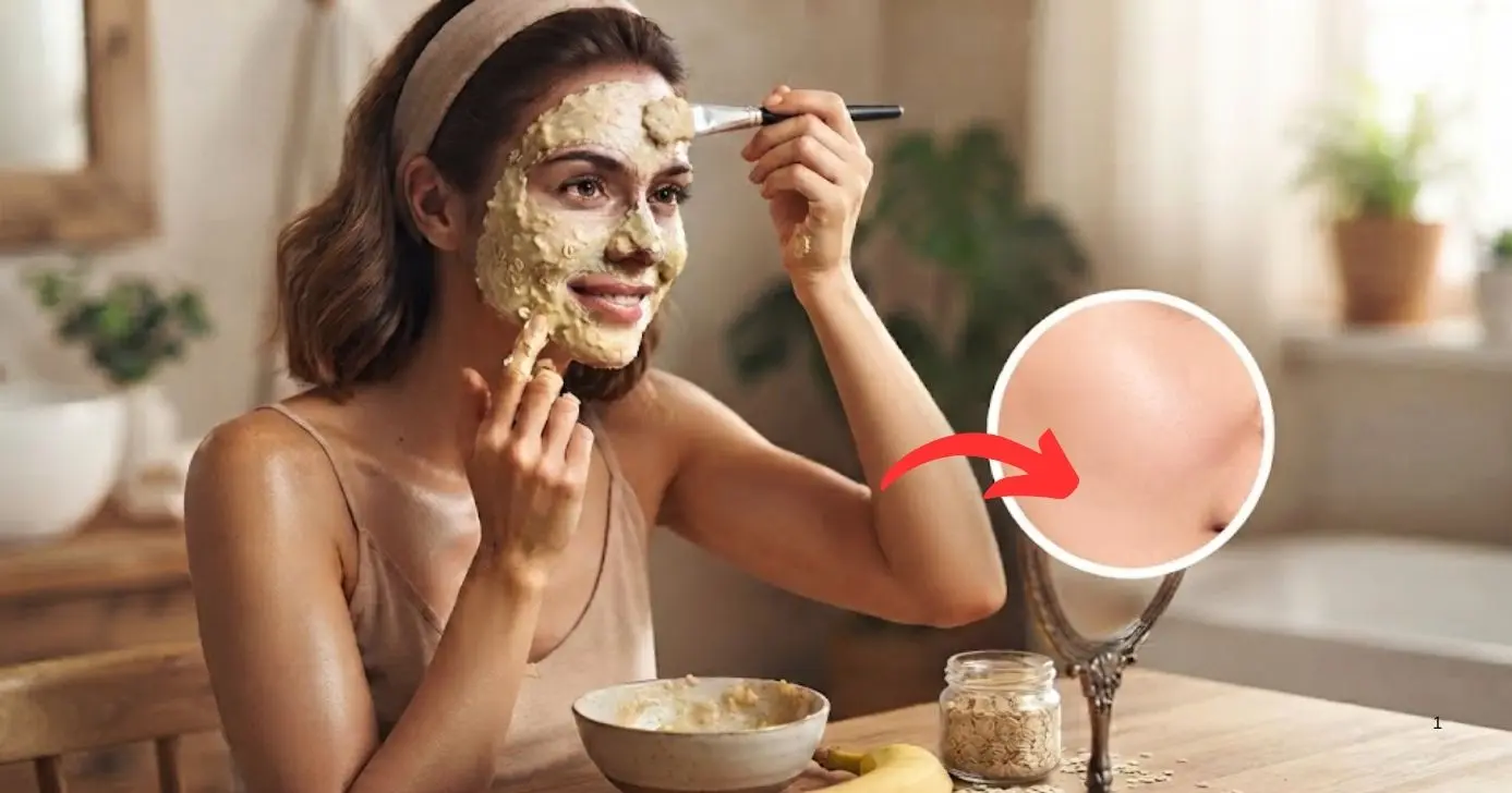 Ilustração de mulher fazendo skincare com aveia e banana (Foto: Reprodução/Montagem/Lennita/TV Foco/GMN)