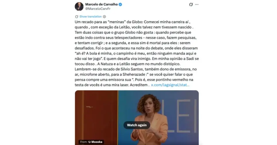 Comentário de Marcelo de Carvalho (Foto: Reprodução / X)
