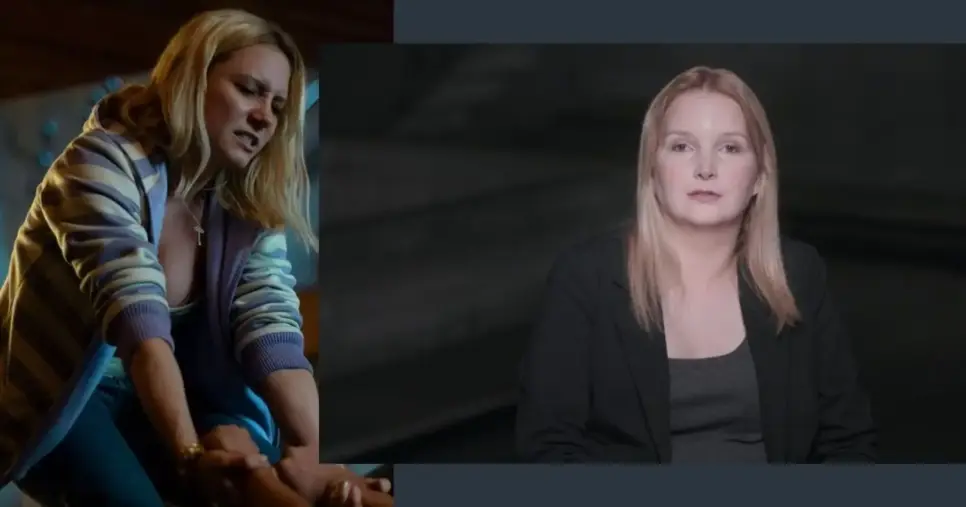 Lorena Comparato como Elize no filme "Elize: Sombras de uma Mulher"/ Foto real de Elize (Foto Reprodução/Montagem/Lennita/TV Foco/Netflix)
