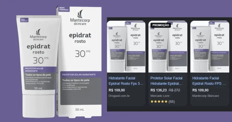 Epidrat Rosto FPS 30 da Mantecorp (50g)(Foto Reprodução/Montagem/Tv Foco/Lennita/Google Shopping) Epidrat Rosto FPS 30 da Mantecorp (50g)(Foto Reprodução/Montagem/Tv Foco/Lennita/Google Shopping)