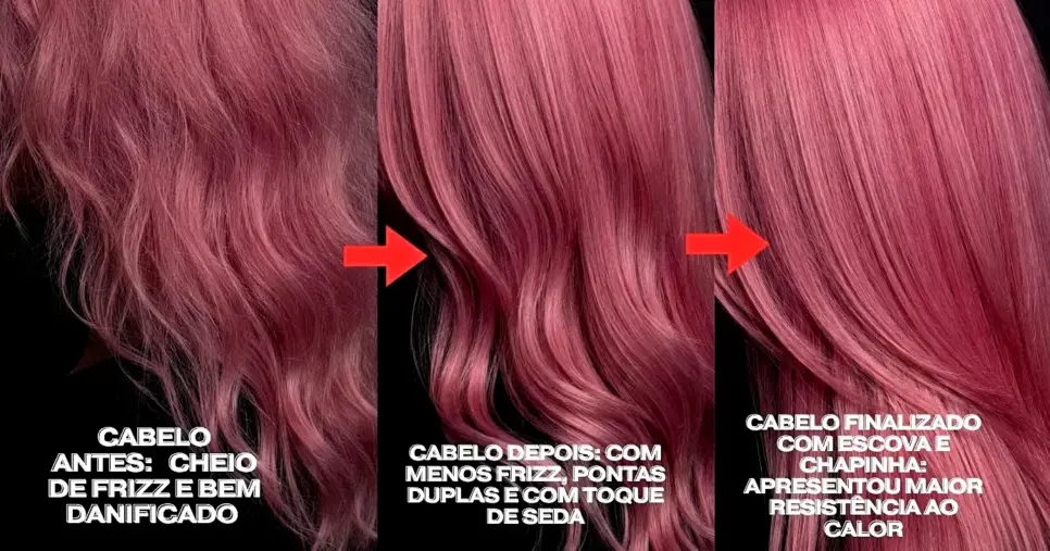 Resultados do teste nos fios que passou por uma descoloração para uma coloração fantasia no tom rosa pastel (Foto Reprodução/Lennita/Tv Foco)