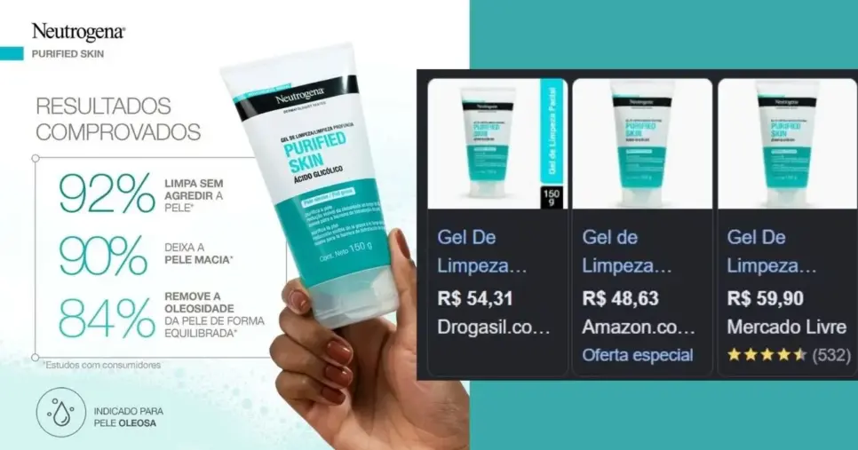 Gel de Limpeza Facial Purified Skin da Neutrogena (Foto Reprodução/Montagem/Tv Foco/Lennita/Google Shopping) Gel de Limpeza Facial Purified Skin da Neutrogena (Foto Reprodução/Montagem/Tv Foco/Lennita/Google Shopping)