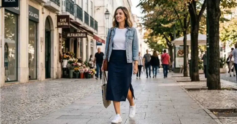 Ilustração mulher com saia midi e tênis (Foto: Montagem TV Foco / GMN) Ilustração mulher com saia midi e tênis (Foto: Montagem TV Foco / GMN)