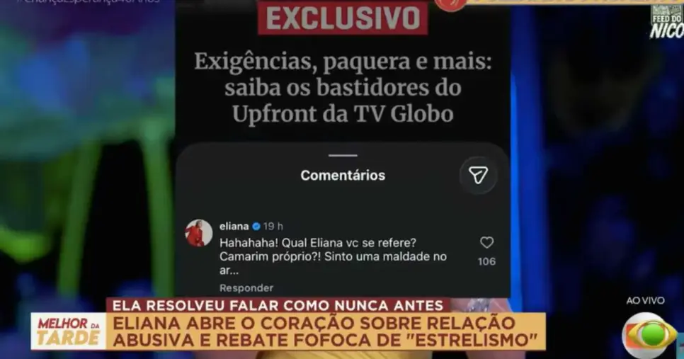 Comentário de Eliana rebatendo nota de Fábia Oliveira (Foto: Reproduções / Band / Instagram)