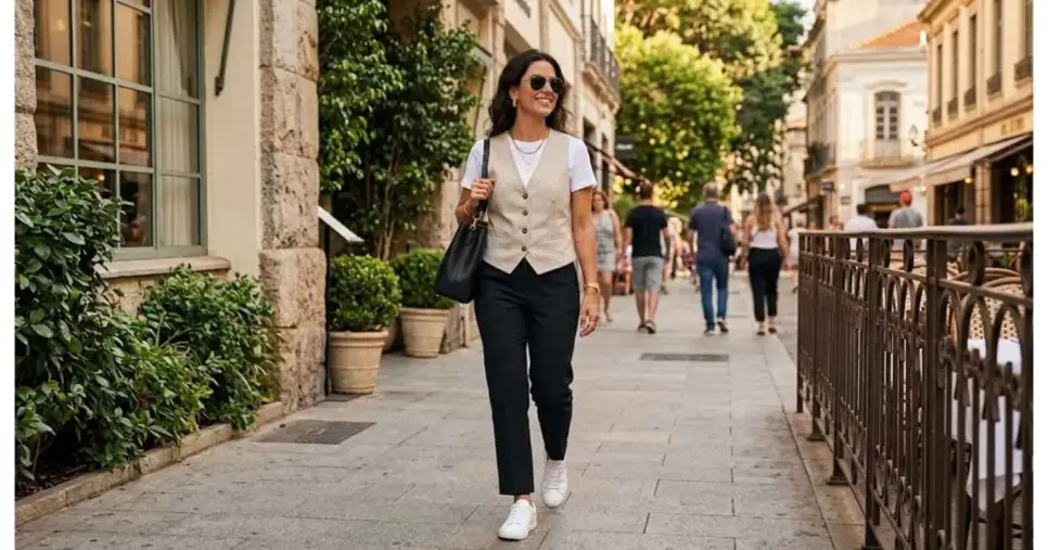 Ilustração mulher com colete de alfaiataria com calça reta e tênis (Foto: Montagem TV Foco / GMN) Ilustração mulher com colete de alfaiataria com calça reta e tênis (Foto: Montagem TV Foco / GMN)