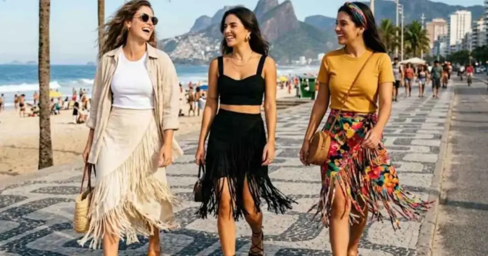 Ilustração mulheres com saias de franjas (Foto: Montagem TV Foco / GMN) Ilustração mulheres com saias de franjas (Foto: Montagem TV Foco / GMN)