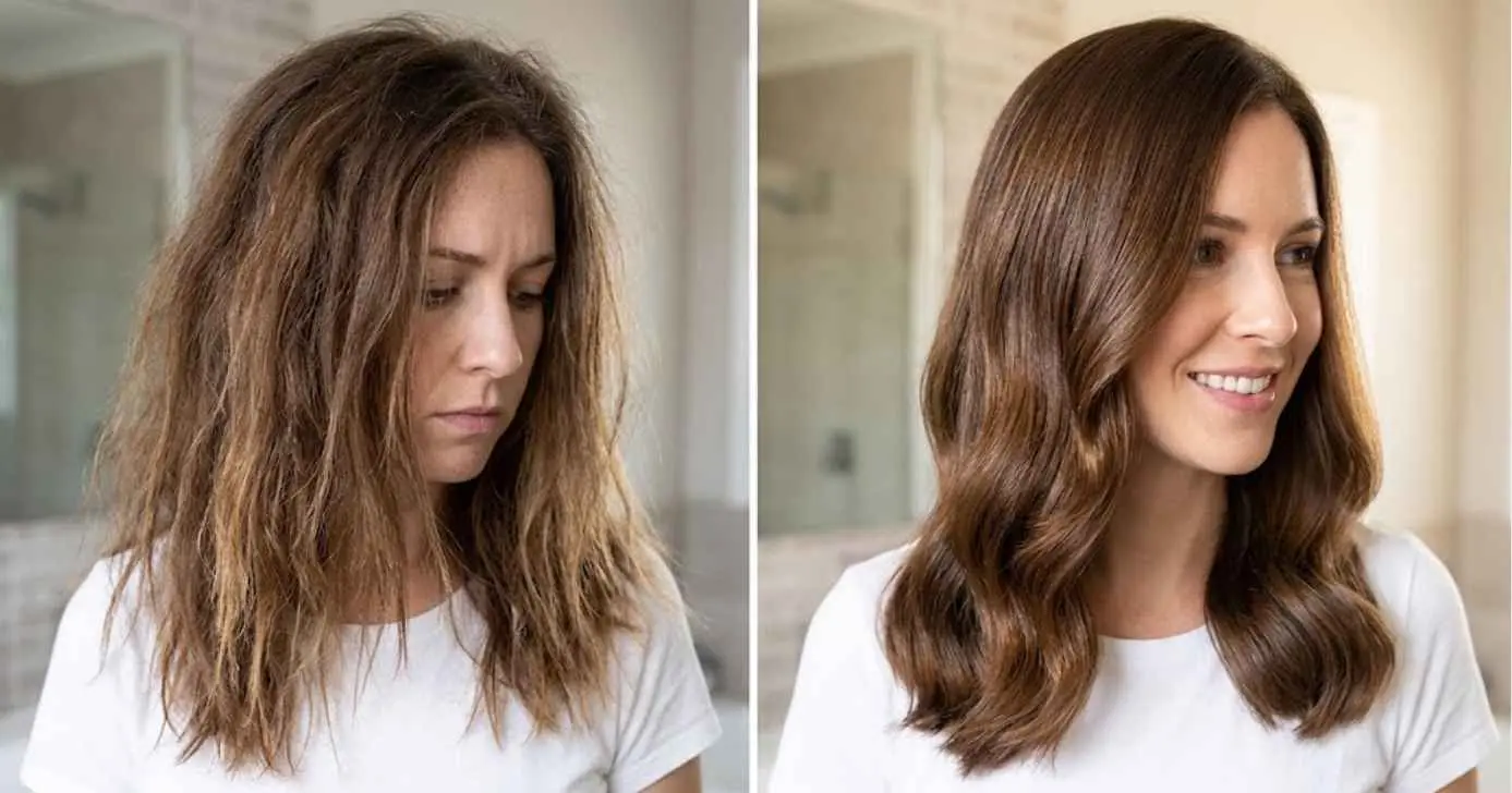 Ilustração antes e depois de cabelo danificado (Foto: Montagem TV Foco / GMN)