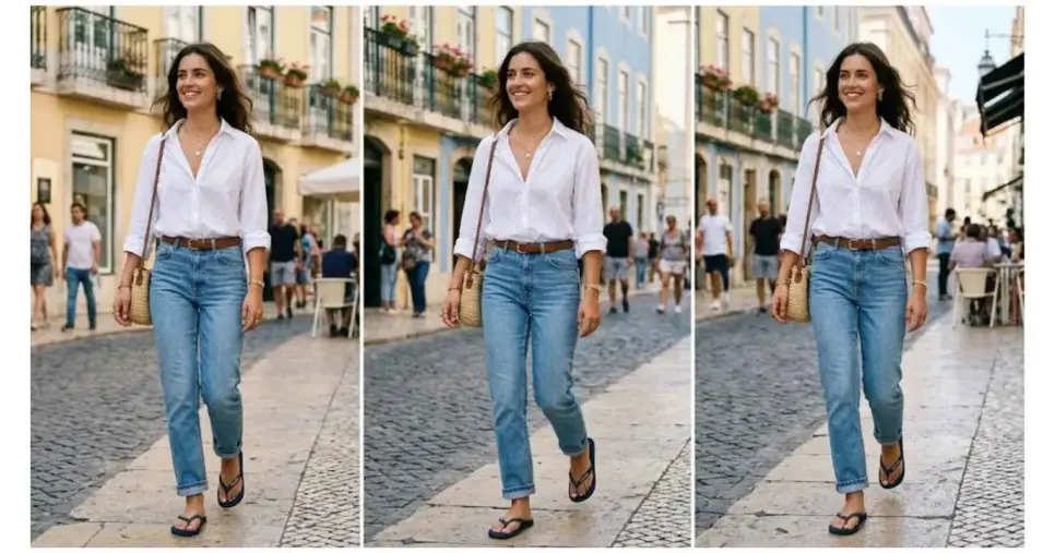 Ilustração look com calça jeans e camisa branca (Foto: Montagem TV Foco / GMN)