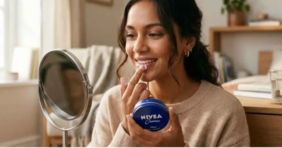 Ilustração mulher passando creme nivea da latinha azul nos lábios (Foto: Montagem TV Foco / GMN)