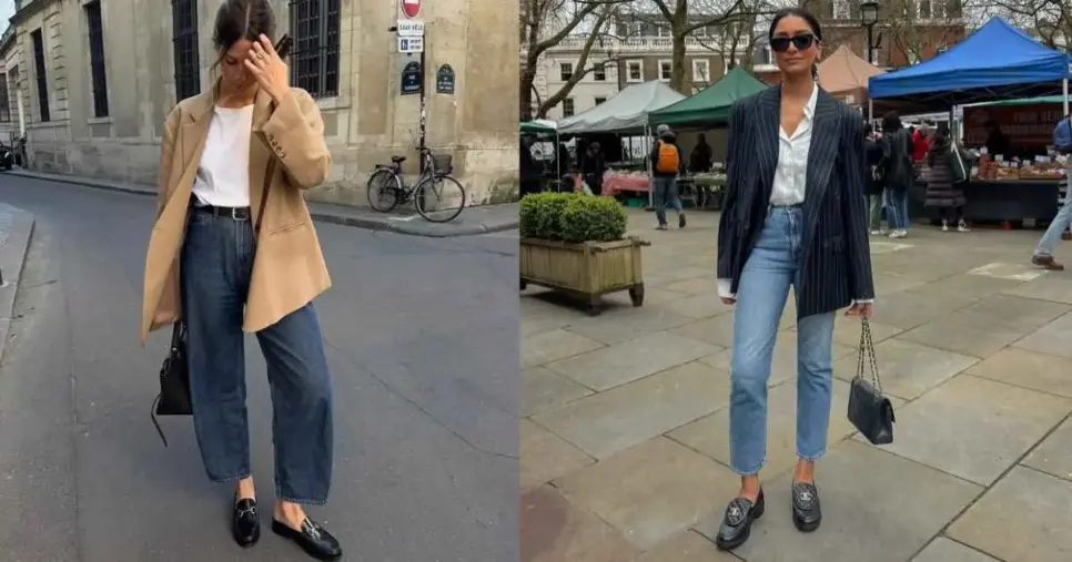 Mocassim com calça jeans wide leg e calça jeans barrel (Foto: Camille clnt (Instagram), Hannah (Instagram))