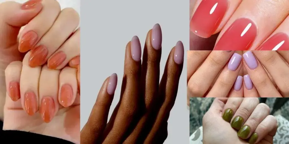 Tons mais populares entre as jelly nails, incluindo pêssego, rosado, xarope de morango, lavanda leitoso e cor de chá (Foto Reprodução/Tv Foco/Lennita/Pinteres)
