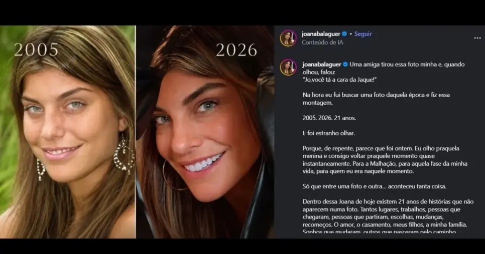 Postagem de Joana Balaguer comparando sua aparência quando ela tinha 21 anos e agora (Foto Reprodução/Montagem/Lennita/TV Foco/Instagram/@joanabalanguer) Postagem de Joana Balaguer comparando sua aparência quando ela tinha 21 anos e agora (Foto Reprodução/Montagem/Lennita/TV Foco/Instagram/@joanabalanguer)
