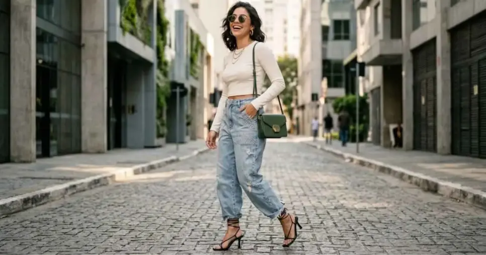 Jeans baggy com salto alto (Foto: Montagem TV Foco / GMN)