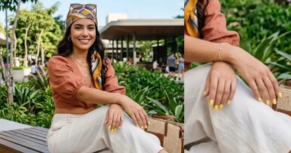 Mulher com lenço na cabeça e unhas na cor amarelo-manteiga (Foto: Montagem TV Foco / GMN) Mulher com lenço na cabeça e unhas na cor amarelo-manteiga (Foto: Montagem TV Foco / GMN)