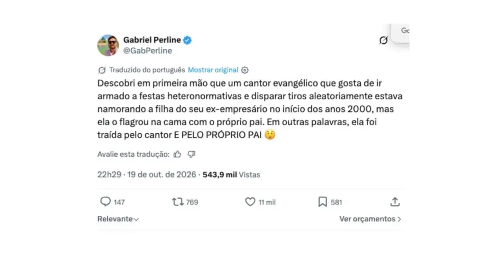 Notícia de Gabriel Perline sobre cantor gospel (Foto: Reprodução / X) Notícia de Gabriel Perline sobre cantor gospel (Foto: Reprodução / X)
