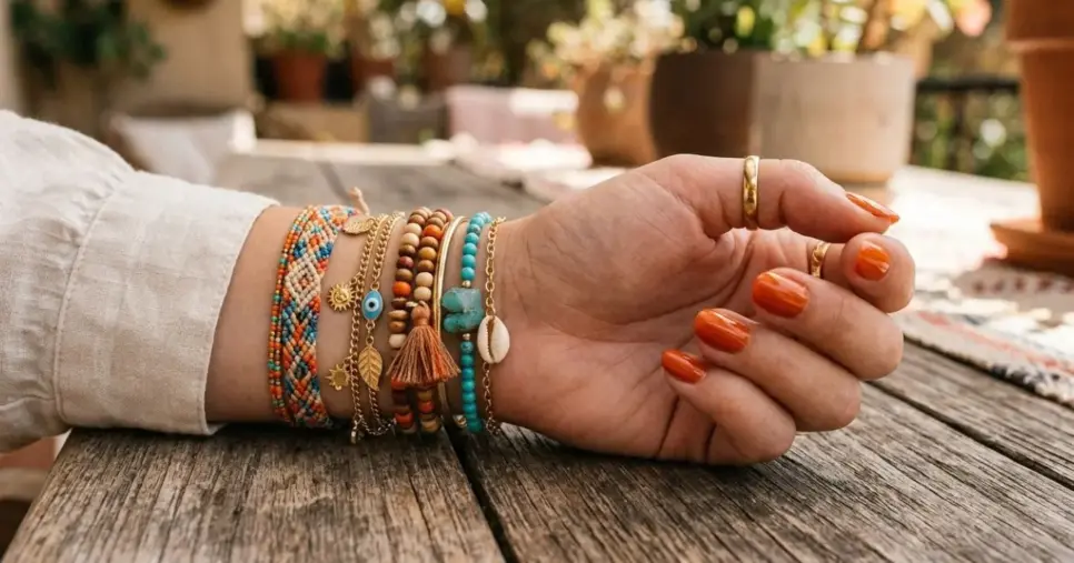 Pulseiras sobrepostas e esmalte laranja (Foto: Montagem TV Foco / GMN) Pulseiras sobrepostas e esmalte laranja (Foto: Montagem TV Foco / GMN)