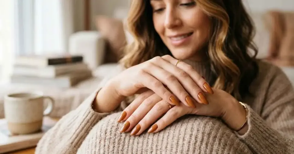 Unhas em tom marrom caramelo (Foto: Montagem TV Foco / GMN)