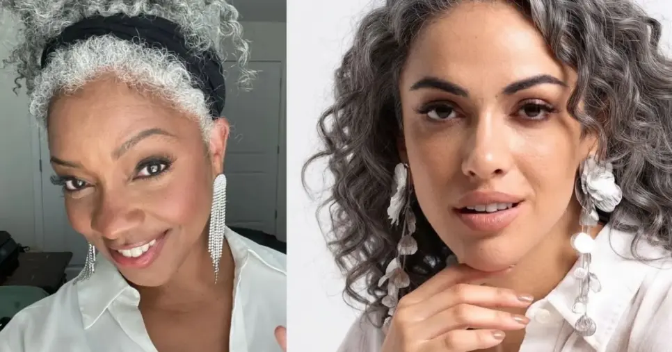 Mulheres grisalhas com brincos de prata e ródio (Foto Reprodução/Montagem/Lennita/Tv Foco/Pinterest) Mulheres grisalhas com brincos de prata e ródio (Foto Reprodução/Montagem/Lennita/Tv Foco/Pinterest)