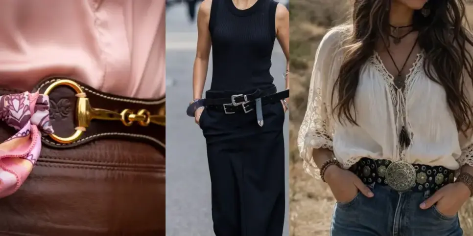 Cintos com fivelas diversas marcantes, do boho ao moderno, em looks simples que se misturam entre malha de algodão, jeans, camisa de seda e camisa rendada branca (Foto Reprodução/Tv Foco/Lennita/Pinterest/Mercado Livre) Cintos com fivelas diversas marcantes, do boho ao moderno, em looks simples que se misturam entre malha de algodão, jeans, camisa de seda e camisa rendada branca (Foto Reprodução/Tv Foco/Lennita/Pinterest/Mercado Livre)