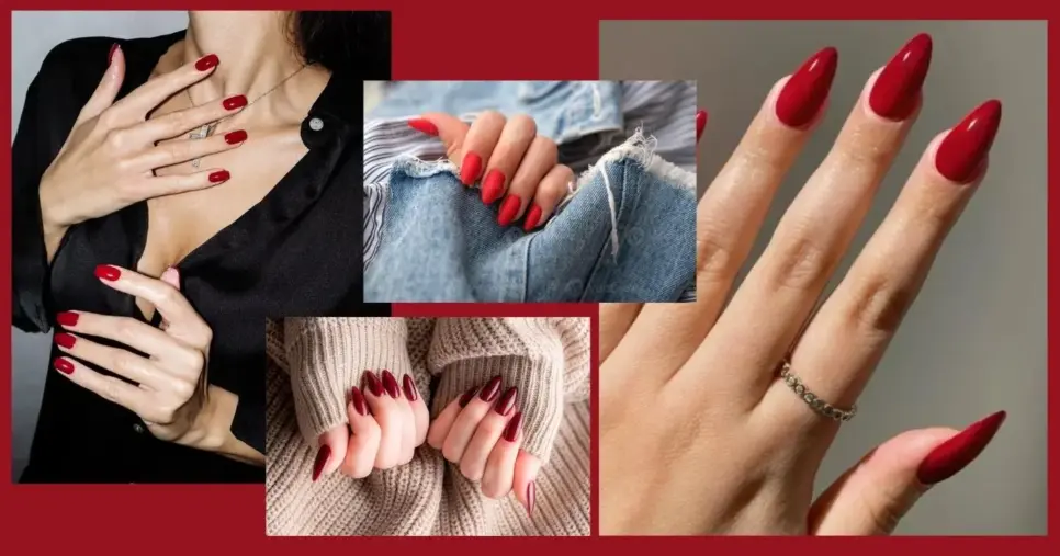 Roupas mais clássicas em tons sóbrios, além do jeans, combinam com o esmalte vermelho (Foto Reprodução/Montagem/Lennita/Tv Foco/Pinterest)