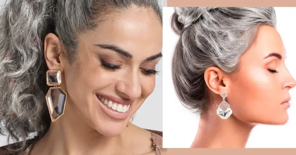 Mulheres grisalhas com brincos geométricos e em pedrarias (Foto Reprodução/Montagem/Lennita/Tv Foco/Pinterest) Mulheres grisalhas com brincos geométricos e em pedrarias (Foto Reprodução/Montagem/Lennita/Tv Foco/Pinterest)