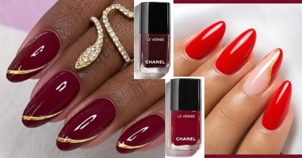 Tons de vermelho com a técnica Gold Framed Nails (Foto Reprodução/Montagem/Lennita/Tv Foco/Instagram)