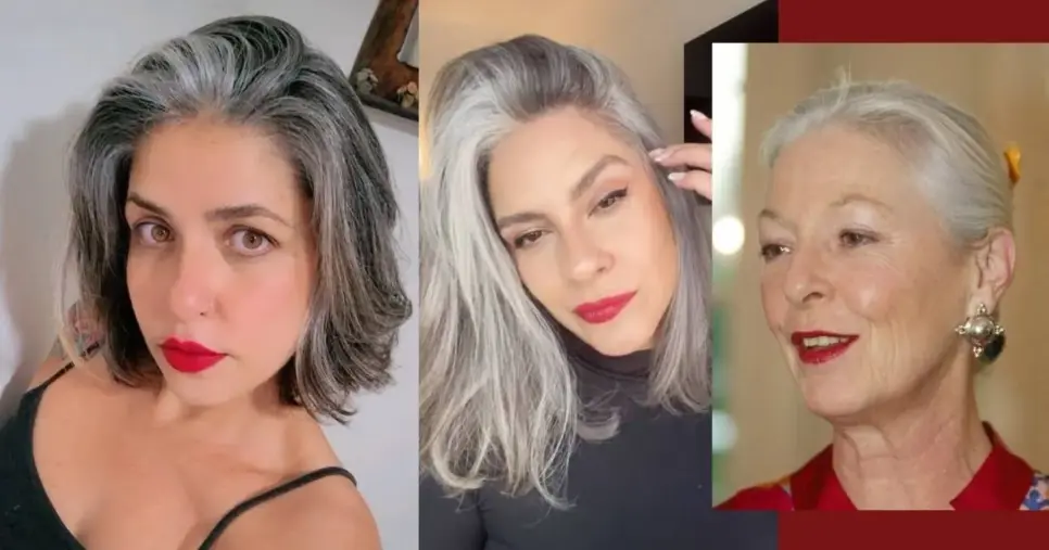 Mulher com cabelo grisalho e batom vermelho (Foto Reprodução/Montagem/Lennita/Tv Foco/Pinterest/GMN)