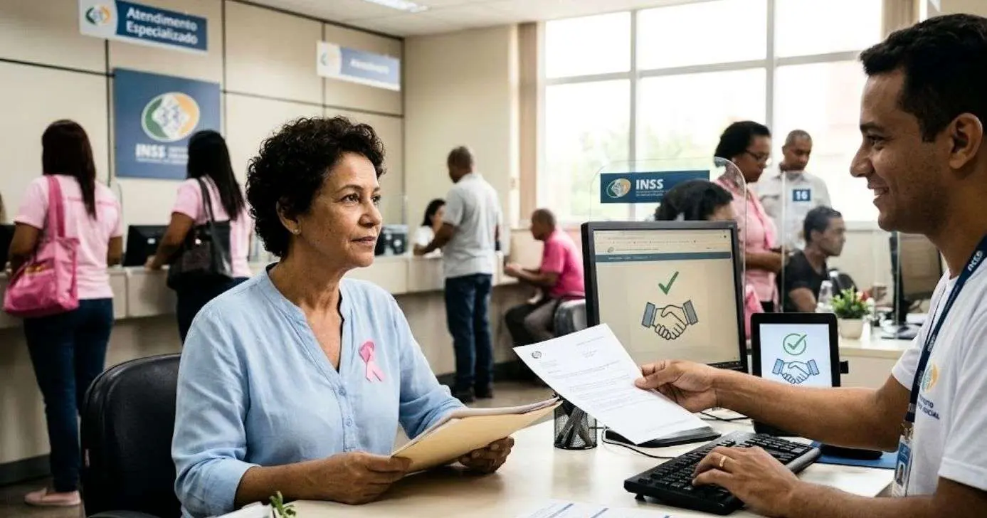 INSS libera benefício a brasileiras que sofrem com câncer de mama e mais (Foto Reprodução/Montagem/Lennita/Canva/TV Foco/GMN)