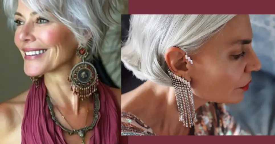 Mulheres grisalhas com brincos em misturas de metais (Foto Reprodução/Montagem/Lennita/Tv Foco/Pinterest) Mulheres grisalhas com brincos em misturas de metais (Foto Reprodução/Montagem/Lennita/Tv Foco/Pinterest)