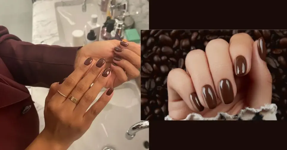 Roupa marrom pode harmonizar de forma monocromática com o esmalte no mesmo tom (Foto Reprodução/Montagem/Lennita/Tv Foco/Pinterest)
