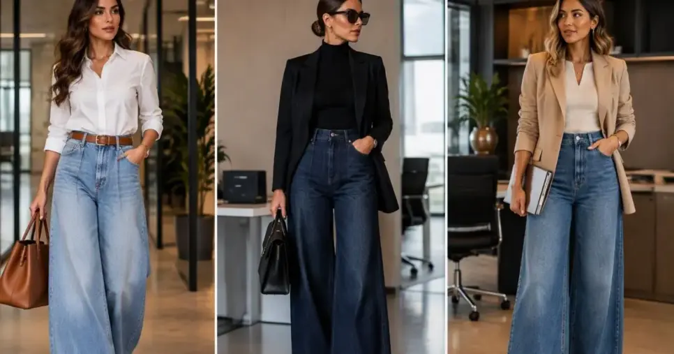 Jeans no escritório: 3 combinações com pantalona que alongam a silhueta e trazem elegância