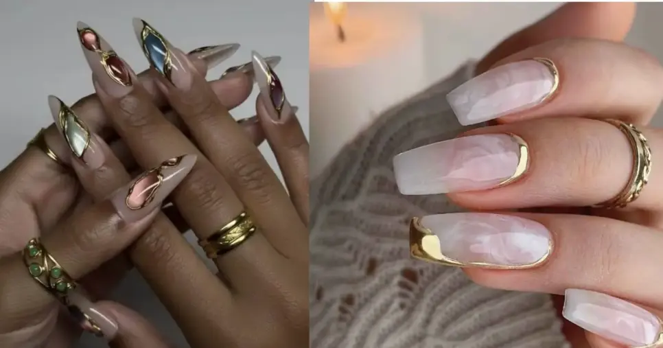 Unhas com joias banhadas a ouro e a prata (Foto Reprodução/Montagem/Lennita/Pinterest) Unhas com joias banhadas a ouro e a prata (Foto Reprodução/Montagem/Lennita/Pinterest)